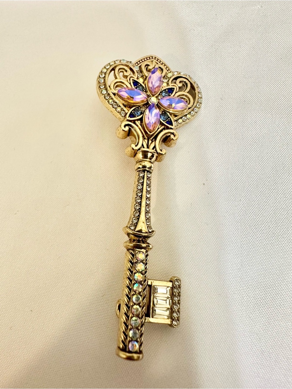 Gold-Tone Victorian Crystal Key Brooch